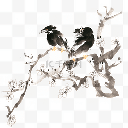 水墨画梅花树上的飞鸟