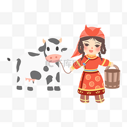 奶牛和草垛图片_牵奶牛少数民族蒙古女孩