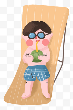 男生泳裤图片_夏季躺在躺椅上的男孩在喝椰汁