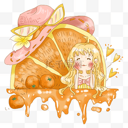 夏日长发女孩与橙子插画PNG