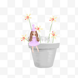 白色花朵简约图片_坐在花盆上的女孩