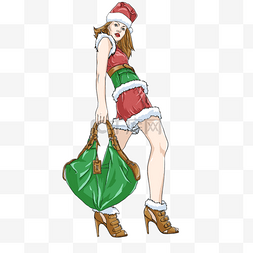 圣诞节靴子图片_圣诞节服装模特女孩红色绿色手绘