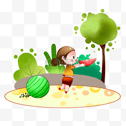 小暑大暑节气绿色夏日女孩吃西瓜