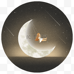 夜空星星卡通图片_小女孩在月亮上荡秋千