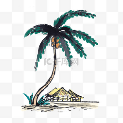 海边古风图片_夏天椰树海滩椰子手绘