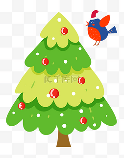 带着帽子的小鸟和圣诞树