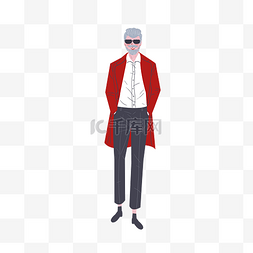 双手插兜站立图片_时髦的老年男性红大衣