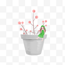 粉色的植物和绿衣女孩