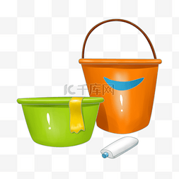 黄色白色与蓝色图片_绿色盆子与橙色水桶