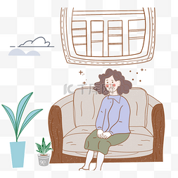 植物女人图片_卡通手绘沙发女人更年期插画