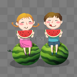 西瓜瓜子图片_男孩女孩抱着一牙西瓜开心吃