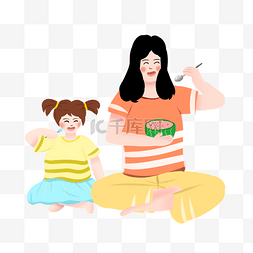 手绘儿童节图片_妈妈吃西瓜的小女孩