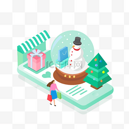 下雪人物插画图片_25d圣诞节水晶球购物商业插画