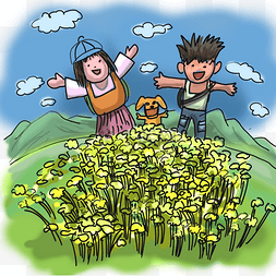 踏青主题春季风景卡通手绘漫画风