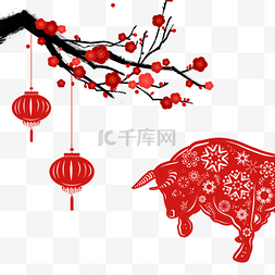 春节拜年剪纸图片_红色牛剪纸新年梅花