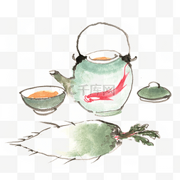 手绘写实蔬菜图片_水墨画茶具与蔬菜