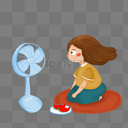 女孩标签图片_卡通夏季女孩吹电扇元素