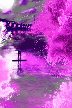 情人节樱花树紫色河流情人情侣