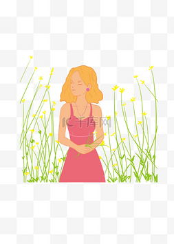 粉嫩卡通少女图片_红裙子少女站在花丛中