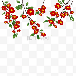 红色海棠花水彩花枝