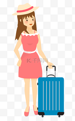 戴帽子的女人图片_穿红色裙子的女人拎着行李箱