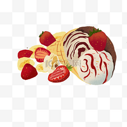 手绘巧克力甜品图片_草莓香蕉冰激凌蛋卷手绘png免抠素