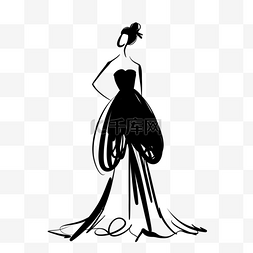 手绘礼服插画图片_黑色礼服的抽象黑线时尚女人模型