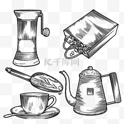 手磨咖啡手绘图片_线描黑色手绘咖啡工具