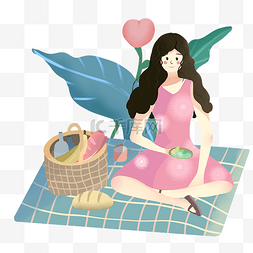 格子布块图片_春游野餐的女孩插画