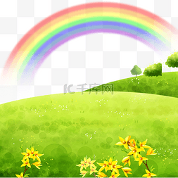 草地树叶素材图片_彩虹装饰的卡通草地
