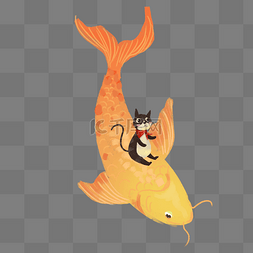 骑鱼图片_金色创意骑着鱼的小猫元素