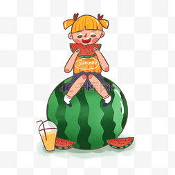 立夏绿色图片_夏天卡通可爱女孩吃西瓜解暑免扣