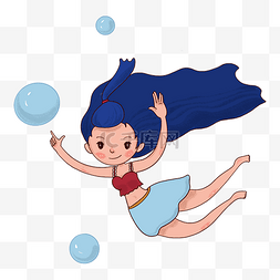 夏季潜水蓝红色手绘水下女生泡泡