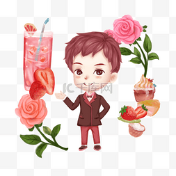粉色水果系列图片_冷饮系列优雅小男生的草莓果汁