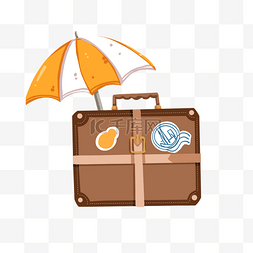 棕色皮质行李箱和太阳伞