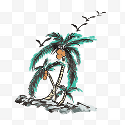清凉自然风图片_椰子树夏天水墨手绘插画