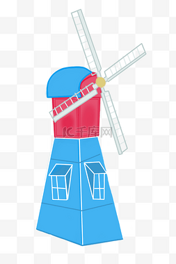 蓝色扇叶素材图片_蓝色的风车建筑插画