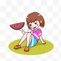 炎热夏季卡通图片_夏天吃西瓜的女孩手绘
