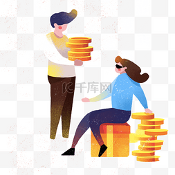 蓝色金币图片_卡通男孩搬金币免抠图