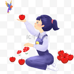 苹果动漫图片_小女孩拿着苹果
