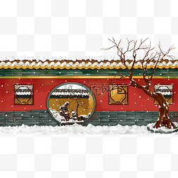 冬天红墙拱门雪景