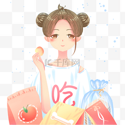 蓝色食品图片_蓝色唯美卡通可爱少女吃零食食品