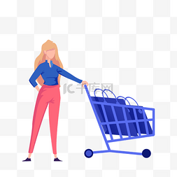 女人免扣PNG图图片_推着购物车购物的女人免扣图