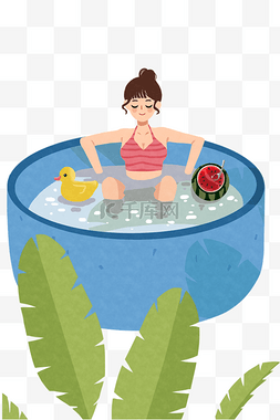 手绘水池水池图片_在水池洗澡小女孩