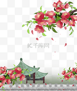彩色风景水墨画图片_水墨边框古典红色海棠