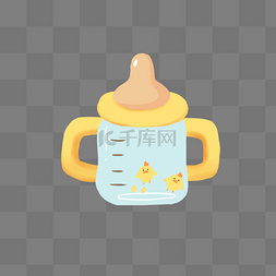 奶瓶手绘图片_可爱黄色小鸡手捧奶瓶插画