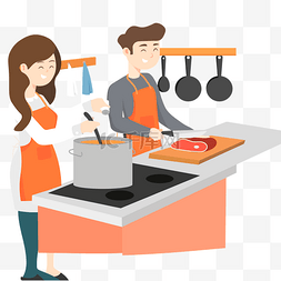 男孩做家务图片_卡通女孩和男孩在做菜