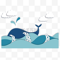卡通可爱风边框图片_海浪与鲸鱼剪纸风边框