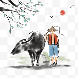 牧童牛图片_中国风水墨画放牛的牧童