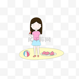 夏天沙滩上吃西瓜的女孩手绘